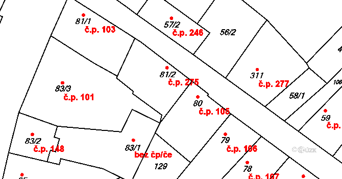 Rožďalovice 275 na parcele st. 81/2 v KÚ Rožďalovice, Katastrální mapa