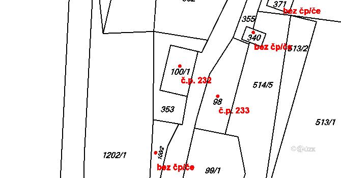 Janov 232 na parcele st. 100/1 v KÚ Janov u Krnova, Katastrální mapa