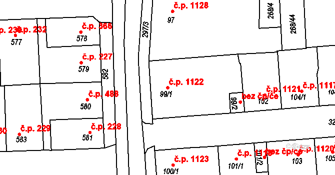 Švermov 1122, Kladno na parcele st. 99/1 v KÚ Hnidousy, Katastrální mapa
