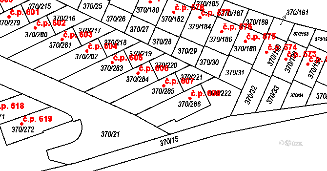 Štěrboholy 607, Praha na parcele st. 370/285 v KÚ Štěrboholy, Katastrální mapa