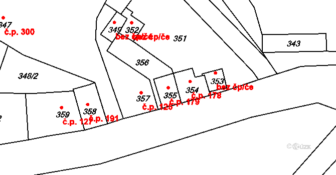 Bystřany 179 na parcele st. 355 v KÚ Bystřany, Katastrální mapa