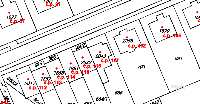 Týn 117, Třebíč na parcele st. 2043 v KÚ Podklášteří, Katastrální mapa