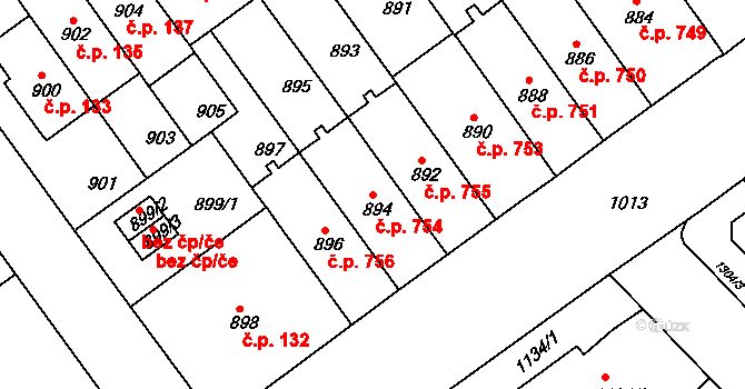 Černá Pole 754, Brno na parcele st. 894 v KÚ Černá Pole, Katastrální mapa
