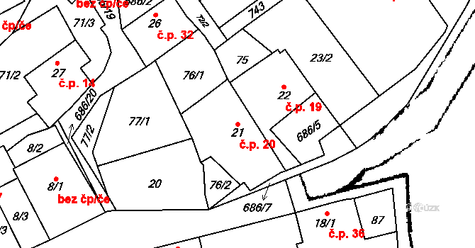 Železná 20, Libořice na parcele st. 21 v KÚ Železná u Libořic, Katastrální mapa