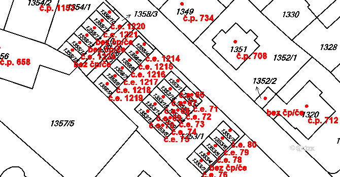 Pelhřimov 67 na parcele st. 1353/16 v KÚ Pelhřimov, Katastrální mapa