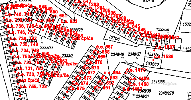 Pelhřimov 667 na parcele st. 2333/50 v KÚ Pelhřimov, Katastrální mapa