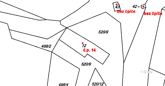 Loužek 14, Cheb na parcele st. 12 v KÚ Loužek, Katastrální mapa