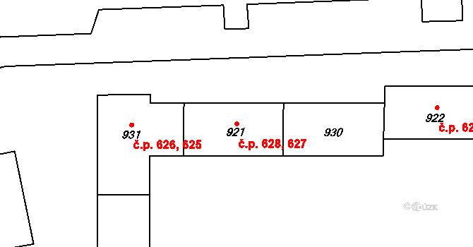 Nové Sady 627,628, Olomouc na parcele st. 921 v KÚ Nové Sady u Olomouce, Katastrální mapa