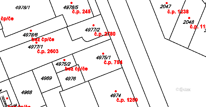 Východní Předměstí 754, Plzeň na parcele st. 4975/1 v KÚ Plzeň, Katastrální mapa