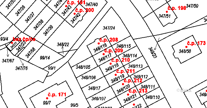 Jenišov 209 na parcele st. 348/117 v KÚ Jenišov, Katastrální mapa