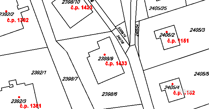 Frýdlant 1433 na parcele st. 2398/9 v KÚ Frýdlant, Katastrální mapa