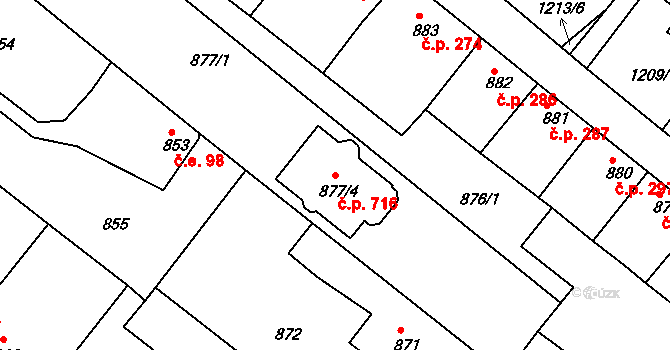 Veverská Bítýška 716 na parcele st. 877/4 v KÚ Veverská Bítýška, Katastrální mapa
