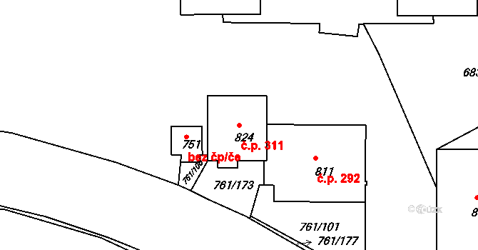 Děčín IX-Bynov 311, Děčín na parcele st. 824 v KÚ Bynov, Katastrální mapa