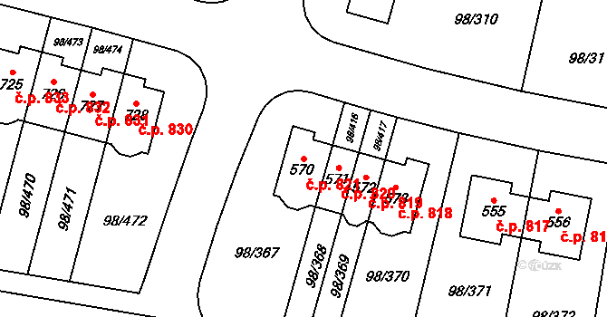 Bašť 821 na parcele st. 570 v KÚ Bašť, Katastrální mapa
