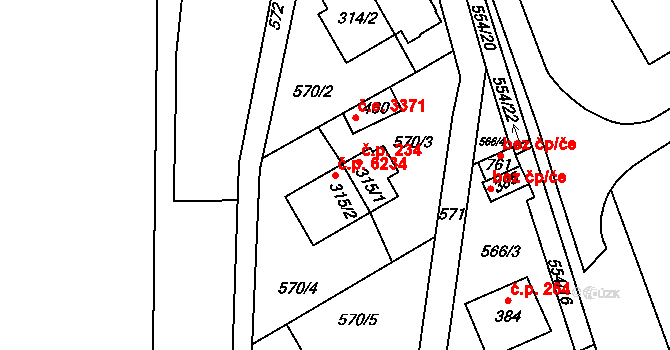 Louky 6234, Zlín na parcele st. 315/2 v KÚ Louky nad Dřevnicí, Katastrální mapa