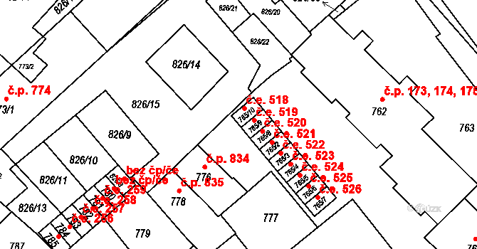 Bučovice 518 na parcele st. 765/10 v KÚ Bučovice, Katastrální mapa
