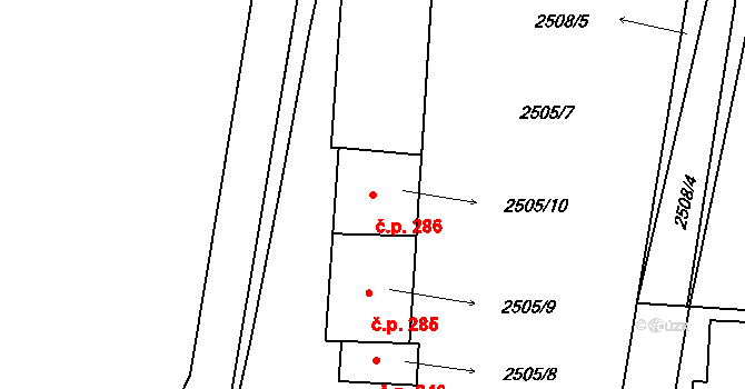 Nová Hůrka 286, Prášily na parcele st. 2505/10 v KÚ Hůrka u Železné Rudy, Katastrální mapa