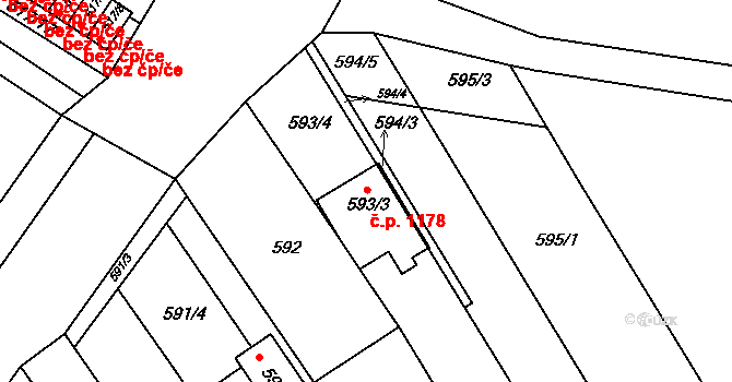 Rousínov 1178 na parcele st. 593/3 v KÚ Rousínov u Vyškova, Katastrální mapa