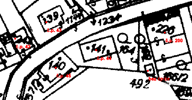 Hrochův Týnec 44 na parcele st. 141 v KÚ Hrochův Týnec, Katastrální mapa