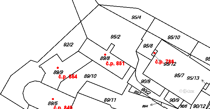Troja 851, Praha na parcele st. 89/8 v KÚ Troja, Katastrální mapa