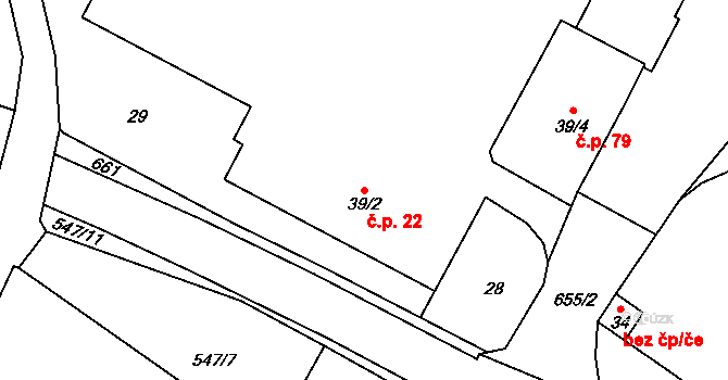 Hostovice 22, Pardubice na parcele st. 39/2 v KÚ Hostovice u Pardubic, Katastrální mapa