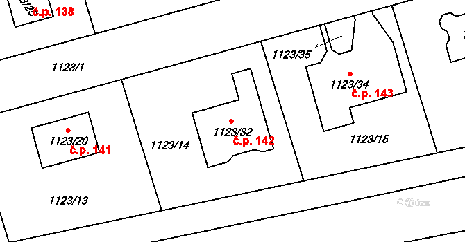 Nahořany 142 na parcele st. 1123/32 v KÚ Nahořany nad Metují, Katastrální mapa