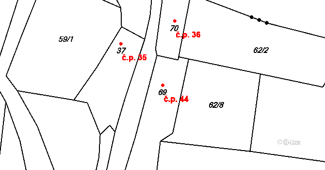 Doubravice u Volyně 44, Čestice na parcele st. 69 v KÚ Počátky u Volyně, Katastrální mapa