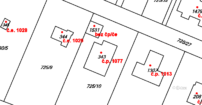 Kamenice 1077 na parcele st. 343 v KÚ Těptín, Katastrální mapa