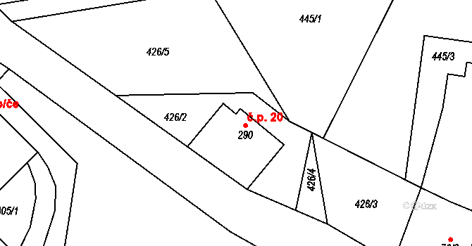 Uhřínov 20, Liberk na parcele st. 290 v KÚ Velký Uhřínov, Katastrální mapa