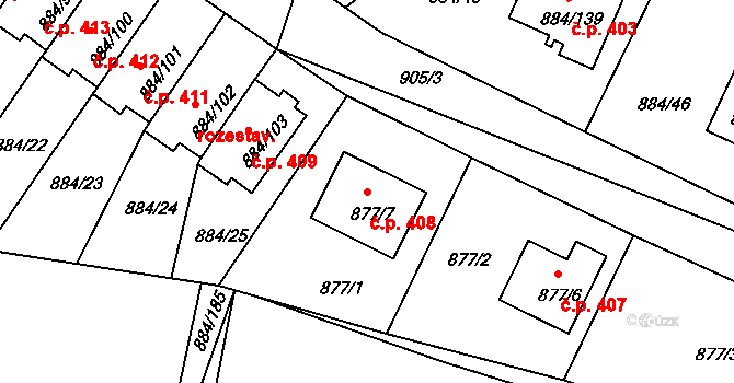 Štěnovice 408 na parcele st. 877/7 v KÚ Štěnovice, Katastrální mapa