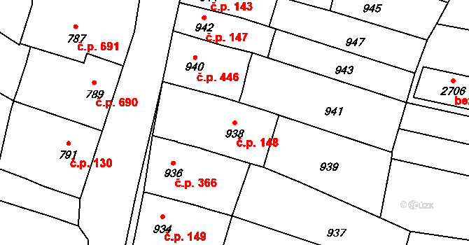 Koryčany 148 na parcele st. 938 v KÚ Koryčany, Katastrální mapa