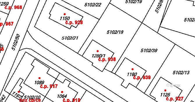 Hrušovany nad Jevišovkou 938 na parcele st. 1280/1 v KÚ Hrušovany nad Jevišovkou, Katastrální mapa