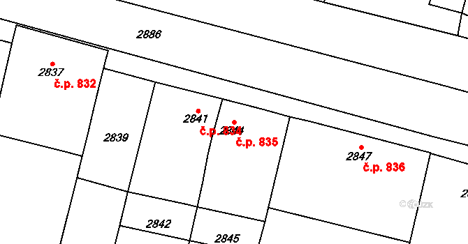 Kašenec 835, Miroslav na parcele st. 2844 v KÚ Miroslav, Katastrální mapa