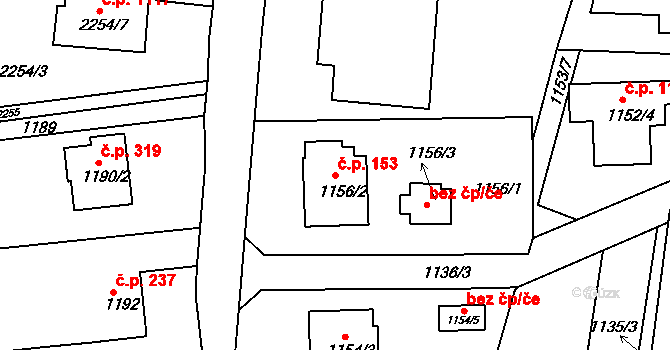 Lyžbice 153, Třinec na parcele st. 1156/2 v KÚ Lyžbice, Katastrální mapa