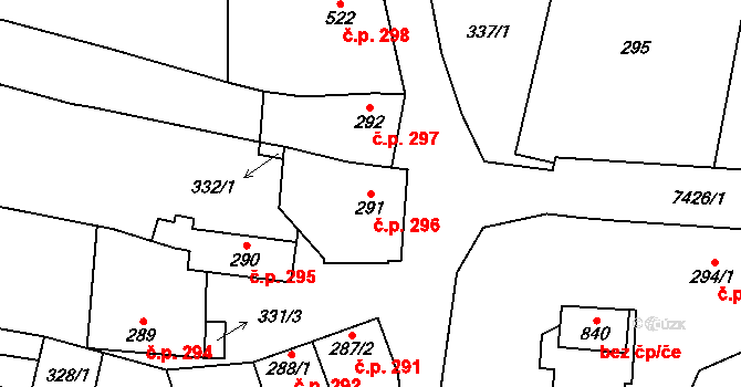Dambořice 296 na parcele st. 291 v KÚ Dambořice, Katastrální mapa