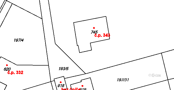 Humny 343, Pchery na parcele st. 745 v KÚ Pchery, Katastrální mapa