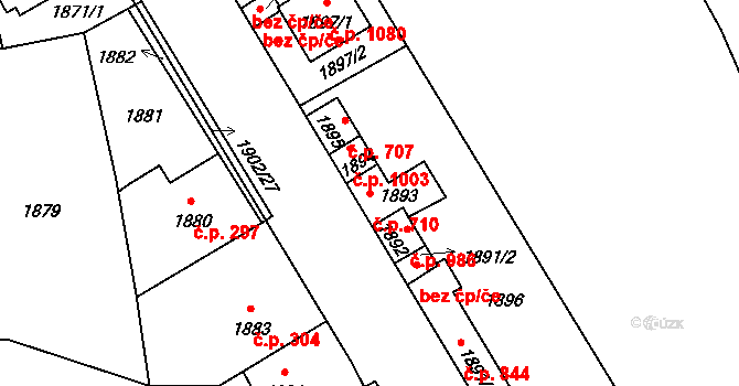 Úvaly 710 na parcele st. 1893 v KÚ Úvaly u Prahy, Katastrální mapa