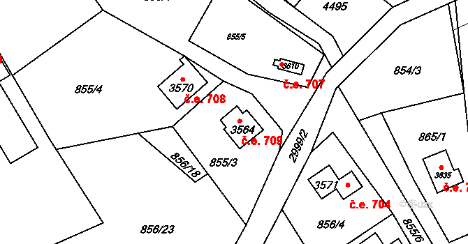 Ostravice 709 na parcele st. 3564 v KÚ Staré Hamry 2, Katastrální mapa