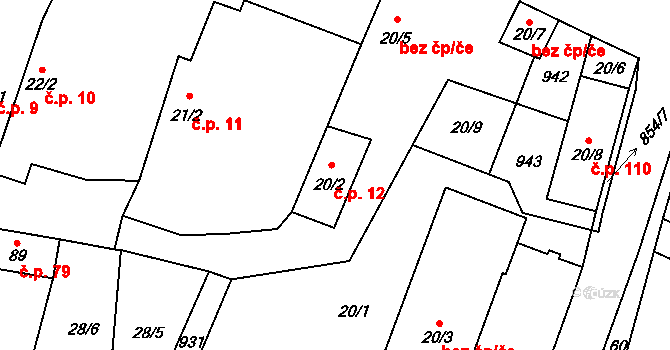 Přestavlky 12 na parcele st. 20/2 v KÚ Přestavlky u Roudnice nad Labem, Katastrální mapa