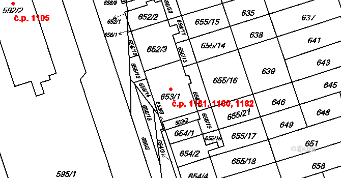 Řečkovice 1180,1181,1182, Brno na parcele st. 653/1 v KÚ Řečkovice, Katastrální mapa
