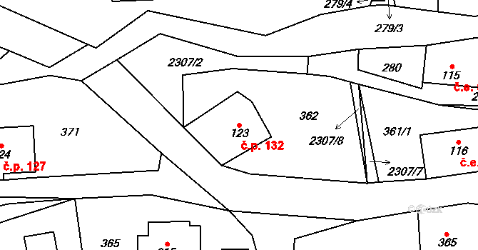 Olešnice v Orlických horách 132 na parcele st. 123 v KÚ Olešnice v Orlických horách, Katastrální mapa