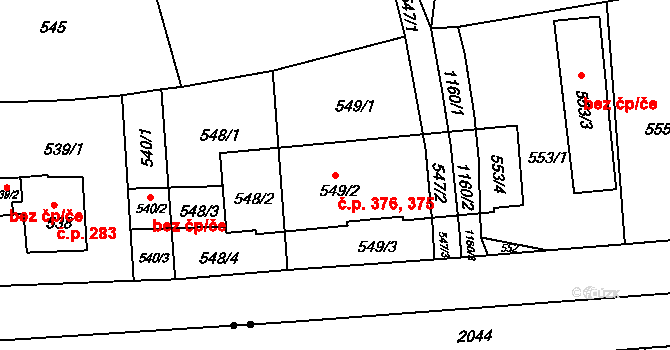 Prosek 375,376, Praha na parcele st. 549/2 v KÚ Prosek, Katastrální mapa