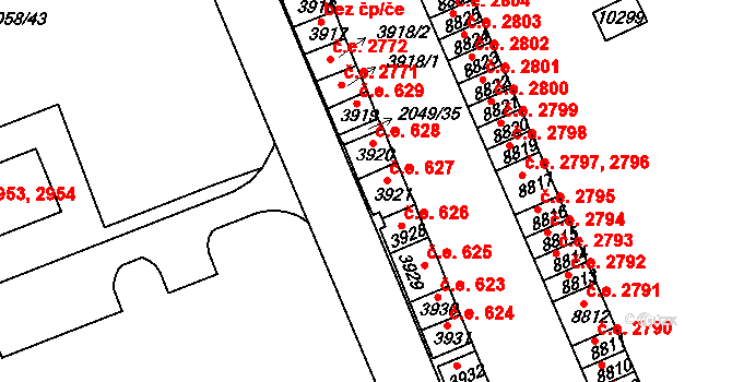 Hodonín 627 na parcele st. 3921 v KÚ Hodonín, Katastrální mapa