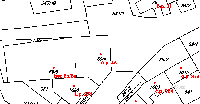 Neředín 45, Olomouc na parcele st. 69/4 v KÚ Neředín, Katastrální mapa