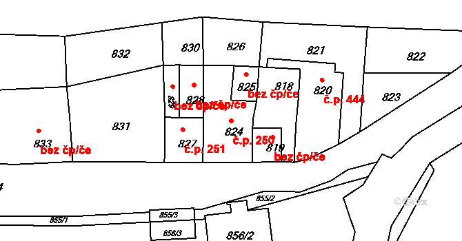 Jirkov 250 na parcele st. 824 v KÚ Jirkov, Katastrální mapa