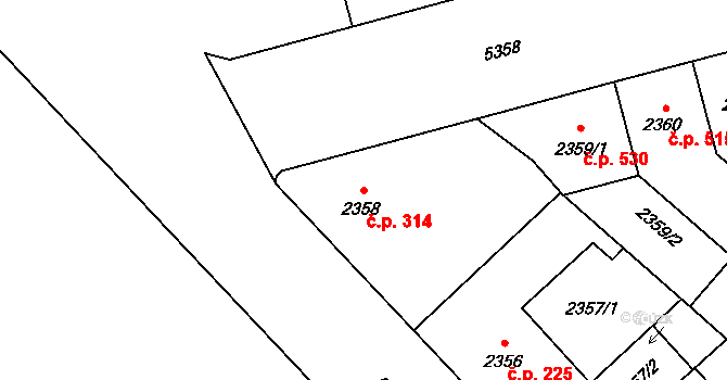 Východní Předměstí 314, Plzeň na parcele st. 2358 v KÚ Plzeň, Katastrální mapa