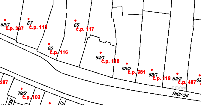 Milevsko 118 na parcele st. 64/1 v KÚ Milevsko, Katastrální mapa