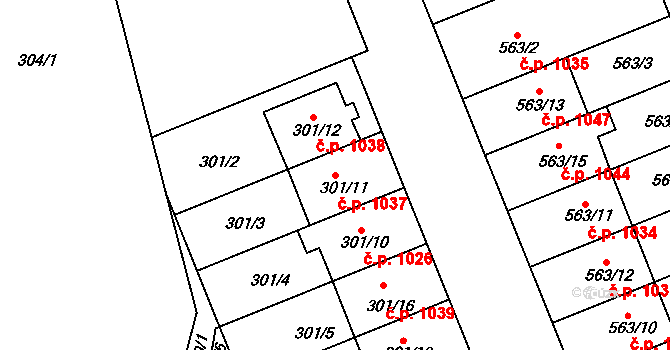Nivnice 1037 na parcele st. 301/11 v KÚ Nivnice, Katastrální mapa