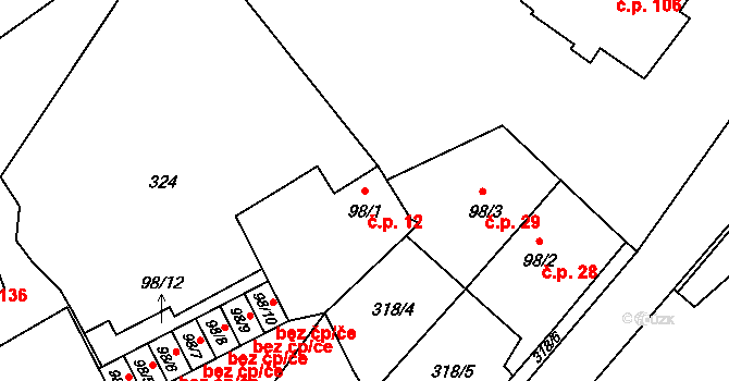 Horní Chrastava 12, Chrastava na parcele st. 98/1 v KÚ Horní Chrastava, Katastrální mapa