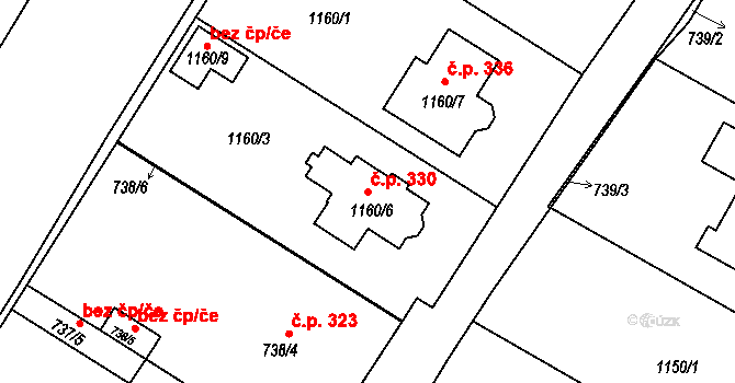 Rychlov 330, Bystřice pod Hostýnem na parcele st. 1160/6 v KÚ Rychlov u Bystřice pod Hostýnem, Katastrální mapa